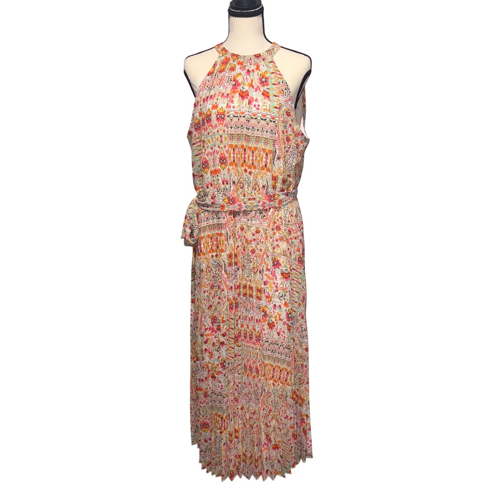 Pleated Halter Paisley Boho Maxi Dress Women Size L Multi-Color Emma & Michele